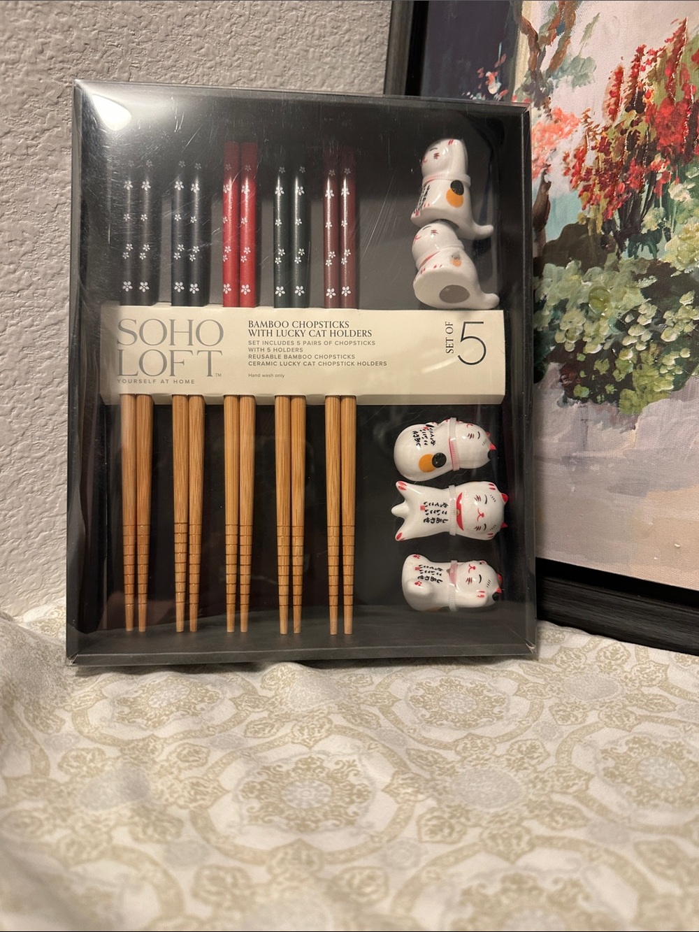 Soho Loft Bamboo Chopsticks Set with Lucky Cat Holders - Black & Red
